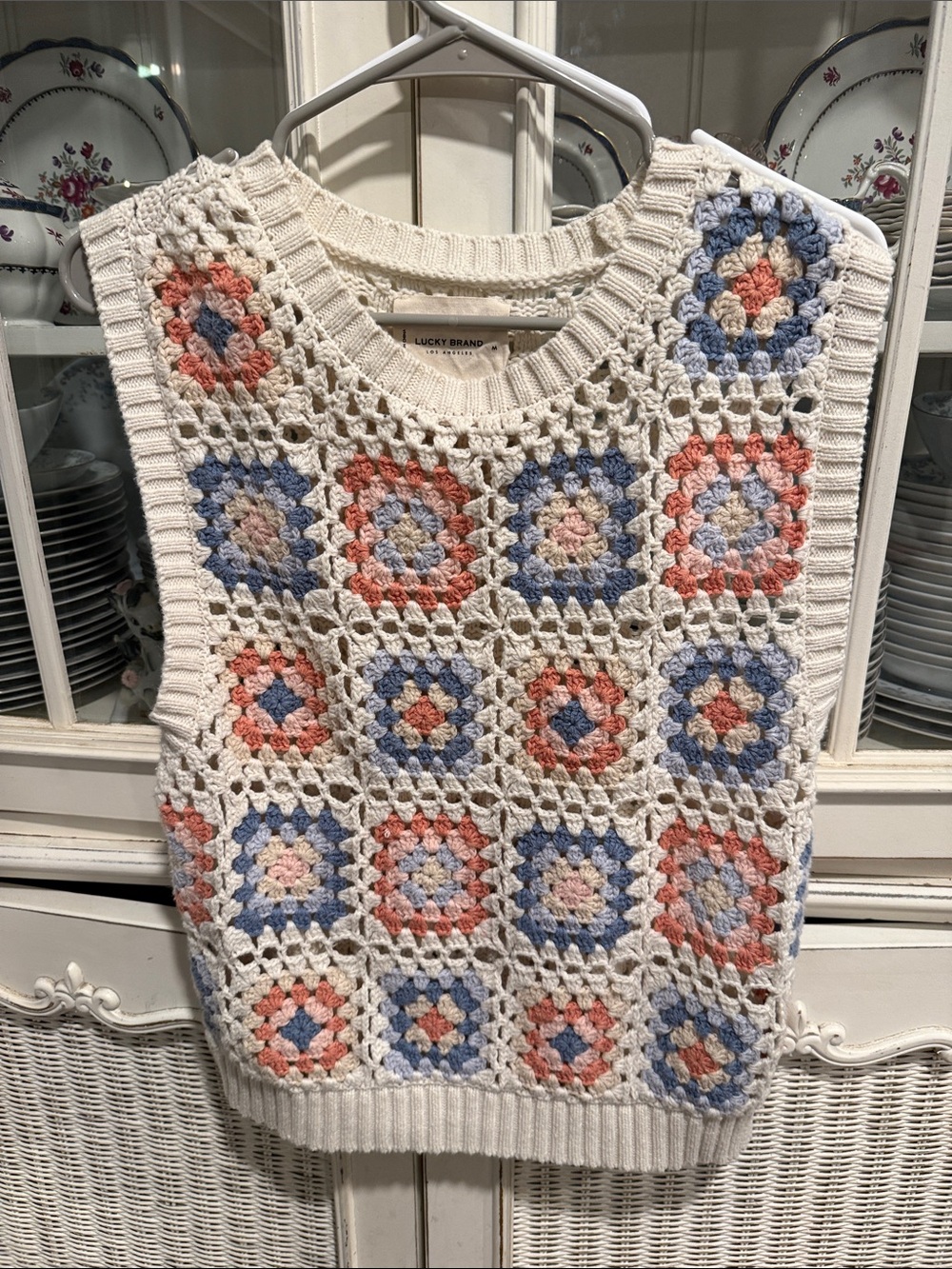 Lucky Brand Cream Crochet Vest with Blue and Coral Accents
